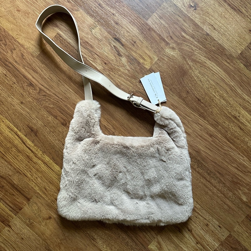 Expressions NYC Faux Fur Shoulder Bag | Luxury Vegan Handbag | NWT Cream Beige